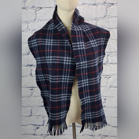 Burberry Vintage Scarf Navy Check 100% Lambswool England 90s Y2K 60" x 11" - Picture 11 of 13